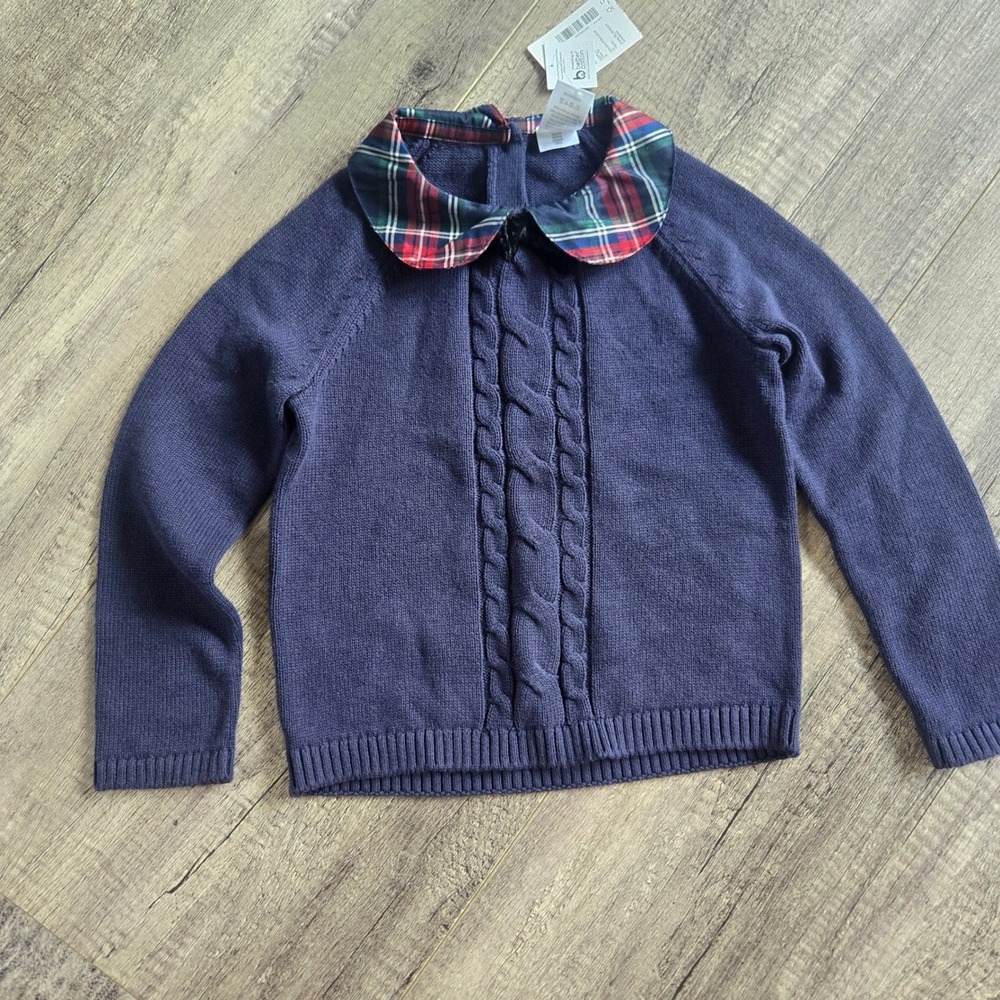 Gymboree Girls Navy Cable Knit Sweater Plaid Peter Pan‎ Collar 4T NWT